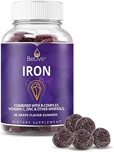 Iron Gummies Supplement with Vitamin C, A, Vitamins B Complex, Folate, Multivitamins for Women, Kids & Adults - Supports Energy, No After Taste, Vegan Supplements - Grape Flavor (60 Ct)