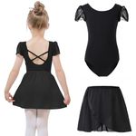 Bezioner Ballet Leotard for Girls with Removable Skirt Ballet Dress Puff Sleeve Dance Leotard Ballerina Costume for Girls Black 130