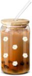 NewEleven Christmas Gifts Cute Glass Coffee Cups With Lids And Straw – Aesthetic Cups – Iced Coffee Cup, Coffee Tumbler, Glass Tumbler – Gifts For Women, Coffee Lover - 16 Oz Coffee Glass