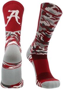 TCK Alabama Crimson Tide Socks Woodland Camo Crew Length (Crimson/White, Small)