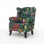 House of Velvet Green Patchwork Fabric Wingback Chair - Chesterfield High Backed & High Seat Queen Anne Fireside Winged Chair, Accent Armchair for Living Room, Conservatory, Bedroom, Reading