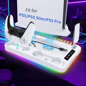 Cooling Station for Ps5/Slim/Pro Disc & Digital Playstation 5 Vertical Stand Organizer with Dual Controller Charger,16 Game Slots,7 Rgb,3 Level Cooler Fan,3 Usb Ports,Headset & Remote Holder (White)