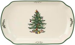 Spode Christmas Tree 11-Inch Rectangular Scalloped Tray, Stoneware Holiday Serving Platter for Appetizers, Fruits, Snacks, Desserts - Festive Tableware - Dishwasher, Microwave, Freezer Safe