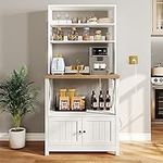 YITAHOME White Microwave Stand Bakers Rack Cabinet, Farmhouse Freestanding Small Kitchen Pantry Hutch Tall w Door Power Outlet Thickened Counter, Coffee Bar Storage Shelves