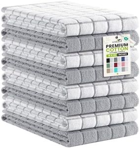 Kitinjoy Premium Kitchen Towels (16"x 28", 8 Pack), Large 100% Cotton Terry 390 GSM Kitchen Hand Towels, Ultra Absorbent Check Design Tea Towels Set with Hanging Loop, Light Grey