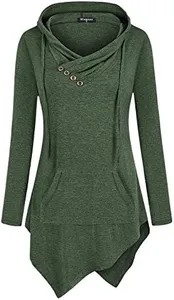 Miagooo Long Hoodie for Women, V Neck Ribbed Asymmetrical Hem Office Tee(Green,Small)