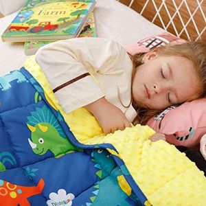 Uttermara Weighted Blanket 7 lbs for Kids, Ultra Cozy Minky Fleece and Cotton Sided with Cartoon Patterns, Reversible Heavy Blanket Great for Calming and Sleeping, 41x60 inches, Blue Dinosaur Park