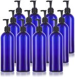 JUVITUS 16 oz / 500 ml Cobalt Blue Slim PET Plastic Bottles (BPA Free) (12 pack) (Black Lotion Pump)