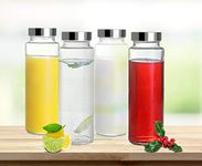 Brezzycloud Glass Food Grade Airtight Water Bottle with Leak-Proof Stainless Steel Lid - Water, Smoothie, Juicer and Beverage Glasses - 500ml (Set of 4)