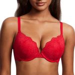 DOBREVA Women's Push Up Lace Bra Sexy Plunge Padded Underwire Support Bras Lift Up Lipstick Red 32A