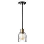 Globe Electric 67000096 1-Light Pendant Light, Matte Black, Clear Ribbed Glass Shade, Matte Brass Accent, Pendant Light Fixture, Kitchen Island, Adjustable Height, Home Décor Lighting