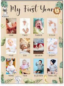 My First Year Photo Display Board Wooden Baby Picture Frame 12 Months Newborn Photo Board First Birthday Nursery Decorations Gifts for Boys My First Year Jungle Baby Keepsake Board for Boys Girls