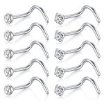 D.Bella Nose Rings 10Pcs 18G Nose Screw Rings Studs Surgical Steel Piercing Jewelry 2mm Clear CZ Silver, Metal, stainless steel