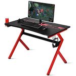 COSTWAY Gaming Desk with Cup Holder and Headphone Hook, R/K-Shaped Racing Style E-Sports PC Gamer Table, Ergonomic Study Writing Computer Workstation (Black+Bed, 115 x 66 x 77cm)