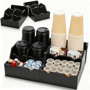 WRINGKIT Set of 2 Black Coffee Station Organizer for Countertop, Wood Cup Condiment Station with 9 Compartment, Coffee Bar Organizer Caddy Holder for Pods Syrup Stirrers Teabags Storage, Two-in-One