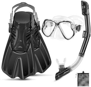 PIYAZI Snorkeling Gear for Adults, 4 in 1 Adult Snorkel Set with Panoramic View Snorkel Mask, Dry Top Snorkel, Adjustable Short Fins and Travel Bag, Snorkel Set with Fins for Snorkeling Diving