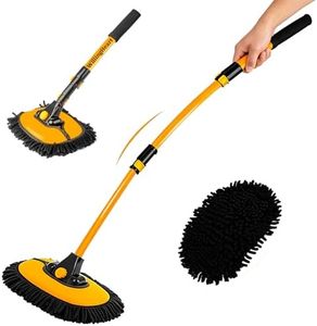 15° Arch Car Wash Brush with Long Handle 43" Telescopic Truck Camper Cleaning Mop RV Automotive Wheel Boat Windshield Exterior Interior 2 in 1 Microfiber Carwash Duster Not Hurt Paint Scratch Free