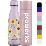 Proworks Performance Stainless Steel Sports Water Bottle | Double Insulated Vacuum Flask for 12 Hours Hot & 24 Hours Cold Drinks - Home, Work, Gym, Travel - 500ml - Pastel Lavender - Sunflower Florets