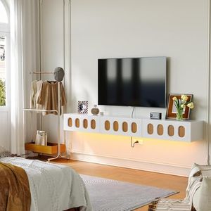 FloatiCasa Fully Assembled Plywood Floating TV Stand, 70 Inch Wall Mounted Media Console with High Gloss Finish, 1 Door & 2 Drawers, Mid-Century Oval Cutout Design for Living Room (White)