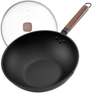 Jobin 33cm/13inch Wok Premium avec Couvercle en Verre - Acier Carbone Sans Revêtement Chimique, Idéal pour Cuisine Asiatique, Compatible avec Toutes Plaques Induction/Gaz/Électrique/Céramique