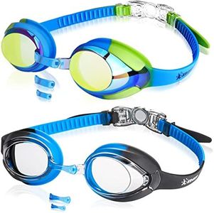 Keary 2 Pack Kids Swim Goggles Swimming for Toddler Children Girls Boy Youth,Anti-Fog Anti-UV Flat Lens Clear Water Pool Glasses with 3 Nose Pieces,Boys Goggles,Mirrored Green & Clear Blue(2 Pack)