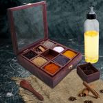 GEEVOX Sheesham Wooden Table Top Masala Dabba Containers Jars & Kitchen Spice Box with Spoon Masala Box For Kitchen (Sheesham Wood,Removable Partitions, Brown)