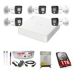 HIKVISION Full HD 8 Channel DVR with 2 MP 5 Outdoor Cameras [COLOR NIGHT VISION + BUILT-IN AUDIO MIC + SMART DUAL LIGHT + MOTION DETECTION] + 1 TB HDD + 8 Ch SMPS, USEWELL CCTV Cable+BNC/DC Set, WHITE