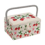 Hobby Gift Exclusive Medium Sewing Craft Hobby Storage Box, Accessories Tray Pin Cushion Pocket PVC Handle Embroidered Lid 18.5 x 25.5 x 14.5cm, Embroidered Strawberries