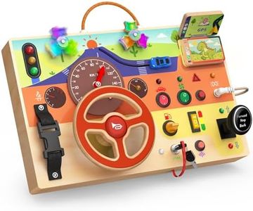 Montessori Wooden Busy Board with Steering Wheel & Driving Toys - Sensory Activity Boards for Toddlers 1-3, Car Themed Fidget Toy with Lights, Switches & Windmill Spinner, Travel Gift for Boys Girls