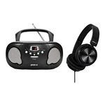 groov e Orginal Boombox & Headphone Bundle - Portable CD Player with Radio, Stereo Headphones, 3.5mm Aux Port, & Headphone Socket - LED Display, 2 x 1.2W Speakers - Battery or Mains Powered - Black