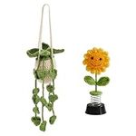 2 pcs Car Decor, lyfLux Car Ornaments for Rear View Mirror, Crochet Car Accessories, Needle Hook Plant Hanging Basket and Sunflower Smiley Face, for Car Dashboard and Rear View Mirror Decoration