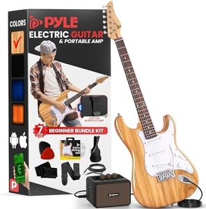 Pyle Full Size Electric Guitar Kit with 5W Amplifier, Gig Bag, Picks, Spare Strings, and Strap, ST-Style Beginner Guitar Bundle with 22 Frets, Paulownia Wood Body, Natural