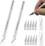 2 Pack Precision Carving Craft Knife Stainless Steel Metal Knives with Safety Cap and 10Pcs Knife Blades for DIY Art Work Cutting Sculpture Carving Knife and Hobby Knife etc. (2)