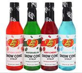 Jelly Belly Snow Cone Syrup Flavors- Shaved Ice Syrup, Slushie, and Ice Pop Flavoring for Party (4 Variety Pack - Cherry, Watermelon, Cotton Candy and Berry Blue)