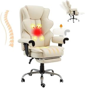 HOMREST 6-Point Massage Office Chair,Heating Executive Chair,Ergonomic Home Office Desk Chair with Retractable Footrest and Reclining Function,Leather Computer Chair with Adjustable Armrest(Off White)