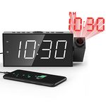 Projection Alarm Clock with FM Radio for Bedroom with 350° Rotatable Projector, Adjustable Brightness & Volume, Dual Alarms with Battery Backup, Sleep Timer, 7" LED Display, 12/24H&DST, USB Charger