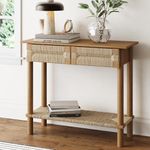 Nathan James Beacon Wooden Sofa Console Table with Drawers, Bohemian Entryway Table, Hallway Table with Seagrass Shelf, Light Brown