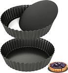 LOLYSIC 2Pcs Deep Quiche Tins with Loose Base, 9 Inch Deep Pie Dish Loose Bottom Flan Tins, 24cm Carbon Steel Fluted Tart Tins Non Stick Loose Bottom Quiche Dish for Baking, Black