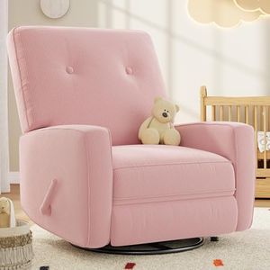 Nursery Recliner Chair, 360° Swivel Rocking Glider Chair for Adults with Adjustable Backrest & Footrest, Upholstered Armchair for Living Rooms, Bedrooms, Apartments, Pink