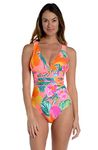 La Blanca Multi Strap Cross Back One Piece Swimsuit, Hot Coral//Isla Del Sol, 4