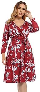AMZ PLUS Womens V-Neck 3/4 Sleeve A Line Midi Faux Wrap Plus Size Cocktail Party Swing Dress, B-wine Red, X-Large