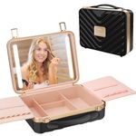 Kalolary Travel Makeup Train Cases with Lighted Mirror 3 Color Setting, Makeup Bag Cosmetic Case Organizer Adjustable Brightness Portable Makeup Storage Box for Makeup Brushes Accessories Tools,Black