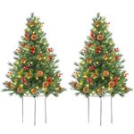 ENVEN 24 Inch Outdoor Christmas Tree 2 Set, Pre-lit Mini Flocked Christmas Tree Artificial Pathway Xmas Tree 50 LED with Red Berries, Pine Cones for Porch Holiday Decor