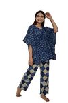 Comfortable 100% Cotton Kaftan Pajama / Pant Unique Jaipuri Floral Print Night Suit for Women / Girls (XL, Indigo)