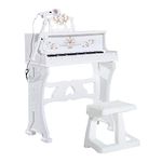 HOMCOM 37 Keys Kids Piano Mini Electronic Keyboard Light Kids Musical Instrument Educational Game Children Grand Piano Toy Set w/Stool & Microphone & Music Stand (White)