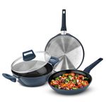 Bergner Titan Forged Aluminium 4 Pcs Cookware Set - 24cm (2.5 L) Kadai with Glass Lid, 24cm (1.6 L) Frypan, 28cm Dosa Tawa, Rivetless Soft Touch Handle, Metal Spoon Friendly - Induction Bottom