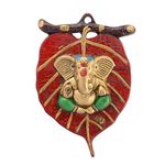 eCraftIndia Lord Ganesha in Green Dhoti on Red Leaf Wall Hanging