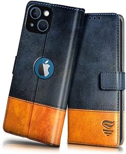 FLIPPED Vegan Leather Flip Cover for Apple iPhone 13 | iPhone 14 Shock Proof with TPU Bumper & Kickstand | Card & Cash Pockets | Magnetic Closure Wallet Case Cover (Irish Blue with Tanned Oak)
