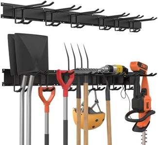 Garage Tool Storage Rack, 48 Inch Garage Organizer Wall Mounted Storage System with 6 Double Layer Hooks, Super Heavy Duty Garden Tool Hanger for Ski Gears, Chair, Rake Shovel Yard Tools