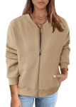 MEROKEETY Womens Long Sleeve Zip Up Sweatshirts Jackets Casual Loose Outwear with Pockets, Khaki, Medium